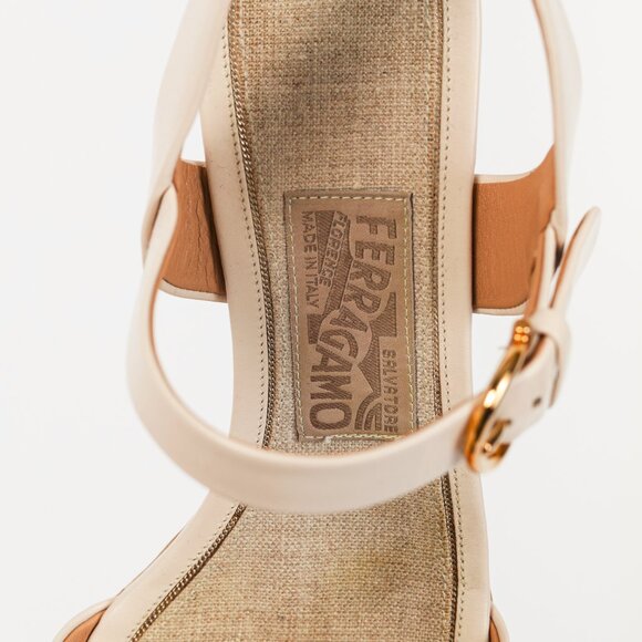 Salvatore Ferragamo Madea Cream Leather & Cork Wedge Sandals - Picture 9 of 10